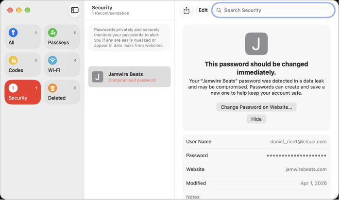Apple Passwords - The main screen for the Passwords app, showing the types of passwords in the sidebar on the left (with Security selected), a list of password accounts with potential securi