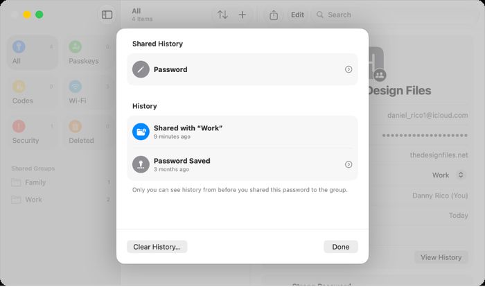 Apple Passwords - The main screen for the Passwords app, showing the types of passwords in the sidebar on the left (with All selected), a list of password accounts in the middle (with Home -