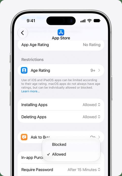 Apple Screen Time - An iPhone displays App Store settings, Ask to Buy active.