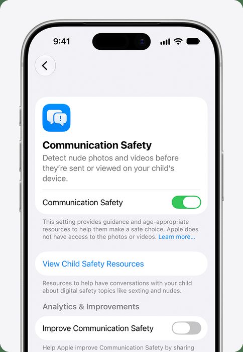 Apple Screen Time - iPhone screen showing Communication Safety settings with a toggle switch.