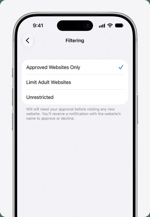 Apple Screen Time - iPhone screen showing parental controls settings with "Approved Websites Only" selected.