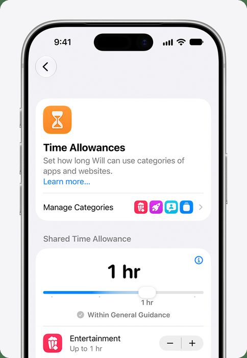 Apple Screen Time - iPhone Screen Time settings showing Time Allowances and app limits.