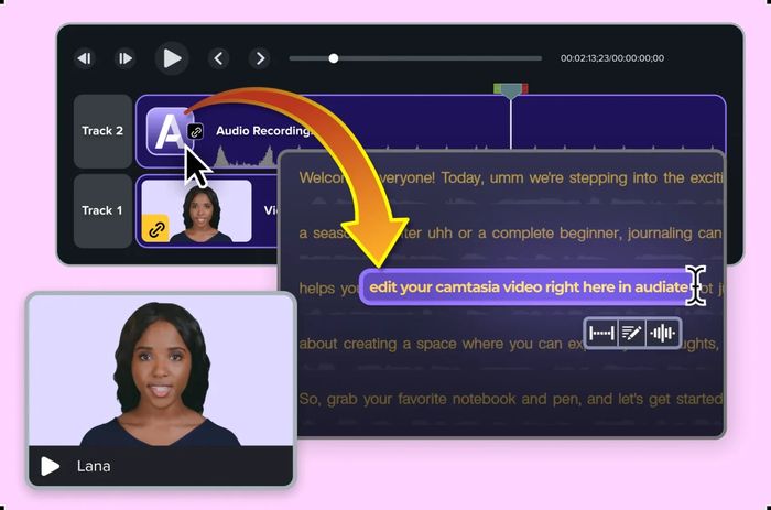 Camtasia interface showing a linked audio recording clip connected to an Audiate project. After selecting the clip in Camtasia, Audiate opens to allow text-based editing of video and audio i
