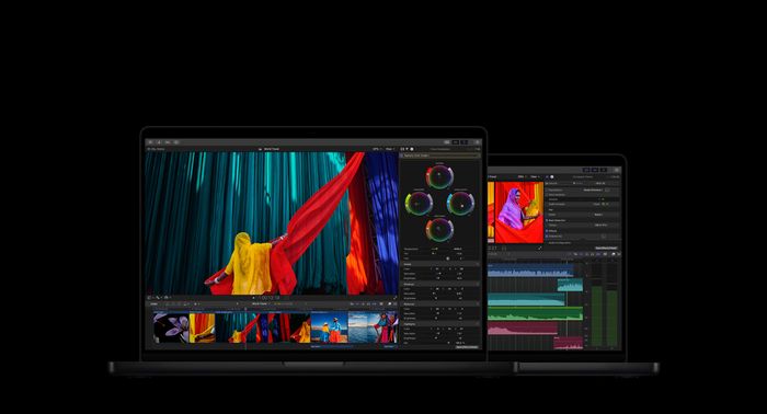 Final Cut Pro - MacBook Pro 16 showing color grading tools, woman in yellow sari with red fabric on a blue background, MacBook Pro 14 showing edit screen showing audio waveforms and EQ tool