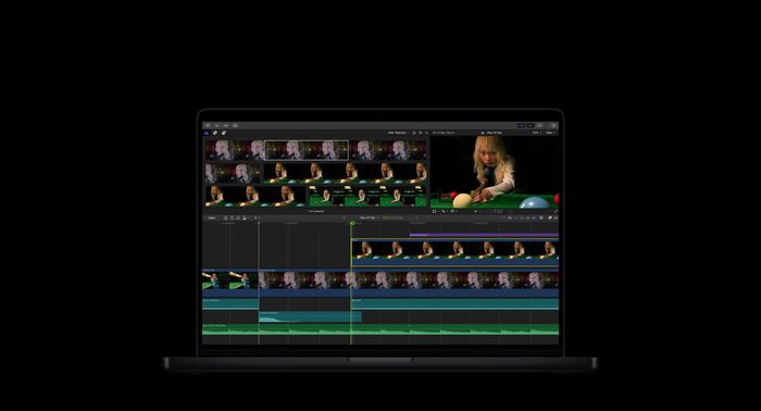 Final Cut Pro - MacBook Pro 16, video clips of a person with blonde hair singing and playing billiards, editing timeline at the bottom