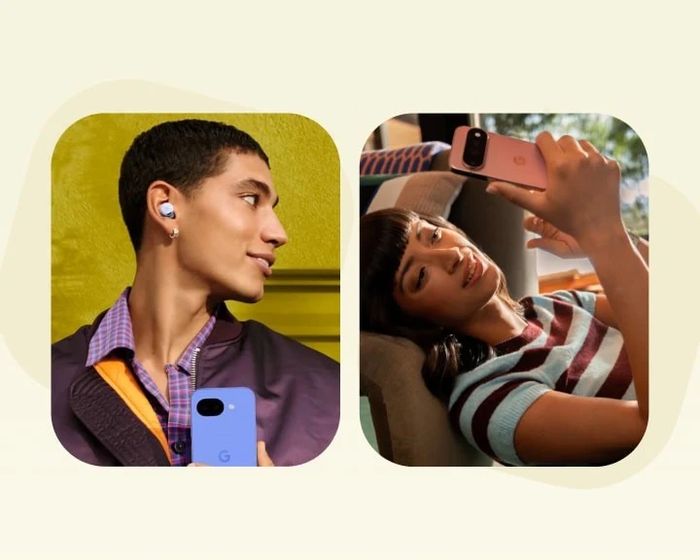 A person standing outdoors in a purple windbreaker jacket, holding a Pixel 10a in Lavender and is wearing Google Pixel Buds 2a in Iris. A person in a striped shirt, lying on a couch, looking