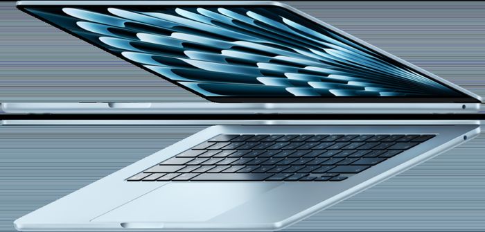 Apple MacBook Air 13" - Two open MacBook Air laptops in sky blue color forming arrow shape, emphasizing narrow profile