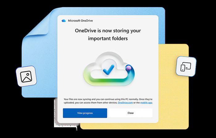 A Microsoft OneDrive notification stating that important folders are now being stored