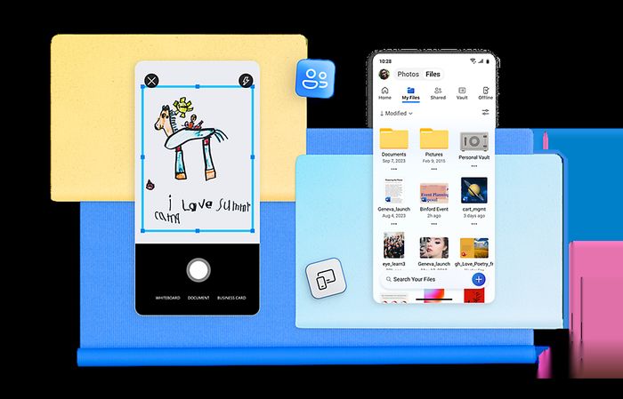 Microsoft OneDrive - Two devices are displayed: a phone showing an illustration of a horse and another phone displaying a file management app