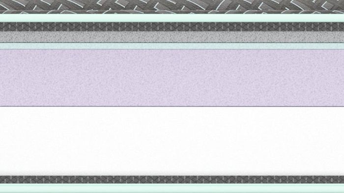 A close-up horizontal view of the Tuft and Needle Foam Mattress and the inner workings of the mattress. striped fabric or wallpaper pattern, featuring a wide lavender-purple stripe in the ce