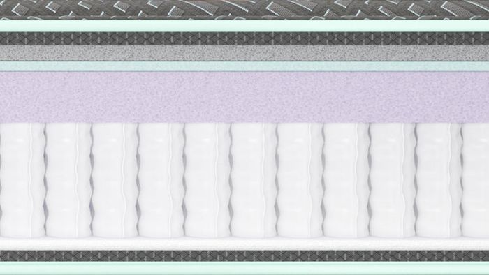 A close-up horizontal view of the Tuft and Needle Foam Mattress and the inner workings of the mattress. A cushion layering, showing white ribbed foam or latex on the bottom, a lavender-purpl