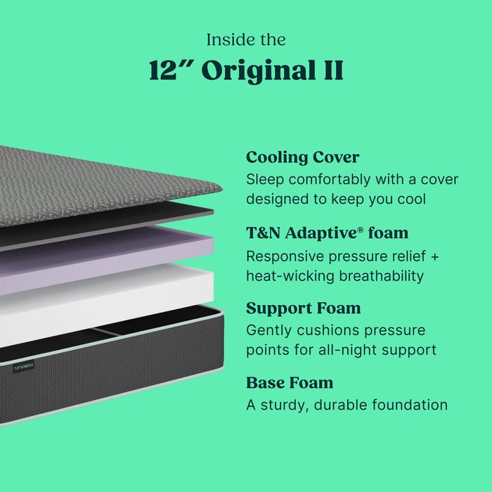 A promotional product graphic for a Tuft and Needle mattress layer stack, showing a cutaway view of a mattress with labeled layers: Cooling Cover, T&N Adaptive foam, Support Foam, and Base F